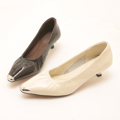 7346秋季新款欧货真皮防踢金属头浅口单鞋女猫跟一脚蹬软底通勤鞋