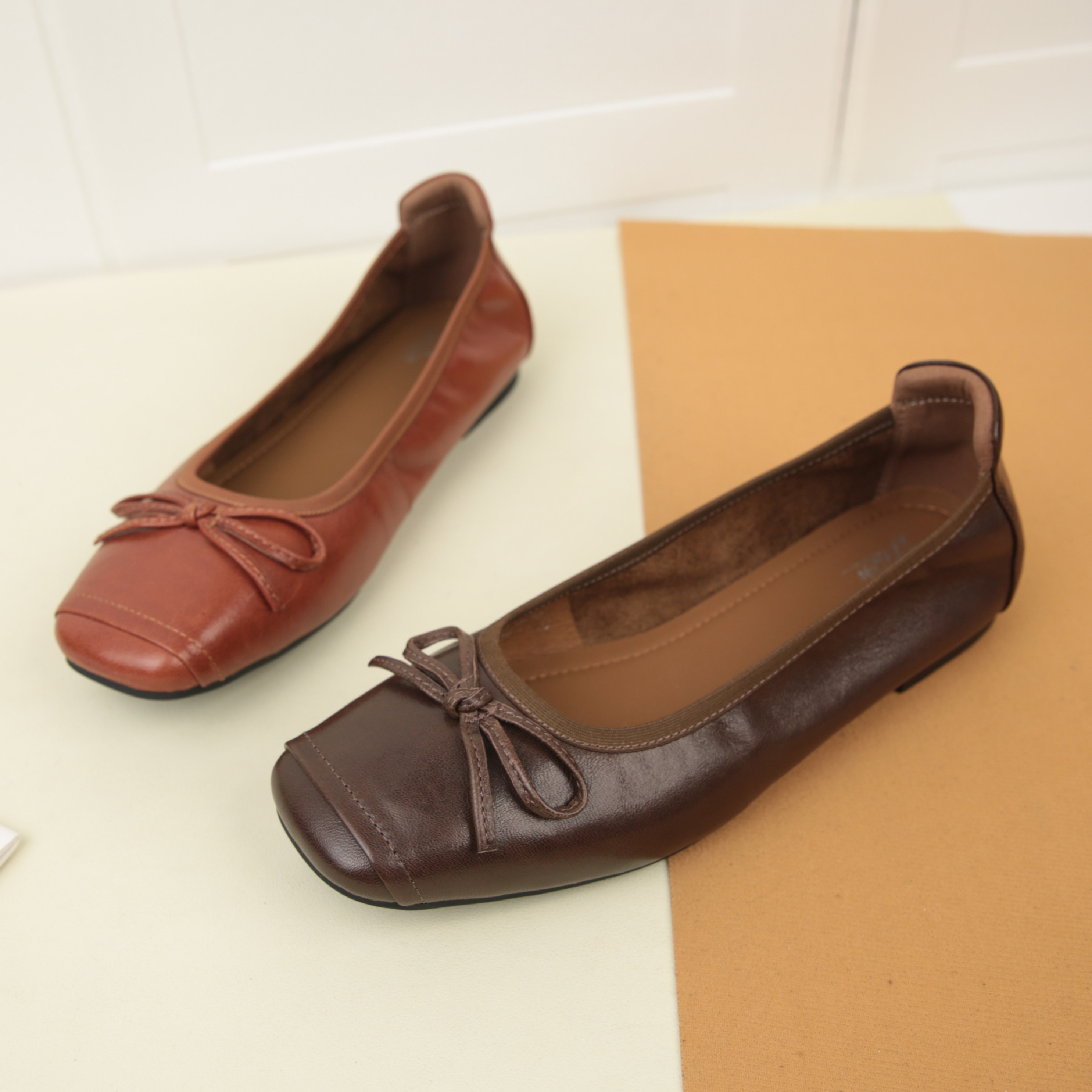 3088春秋新款方头真皮蝴蝶结浅口单鞋女舒适软底蛋卷通勤鞋