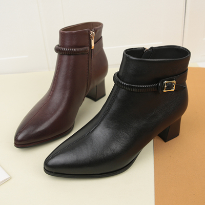 2095冬季新款气质尖头真皮粗跟短靴女中粗跟绒里皮垫侧拉链瘦瘦靴
