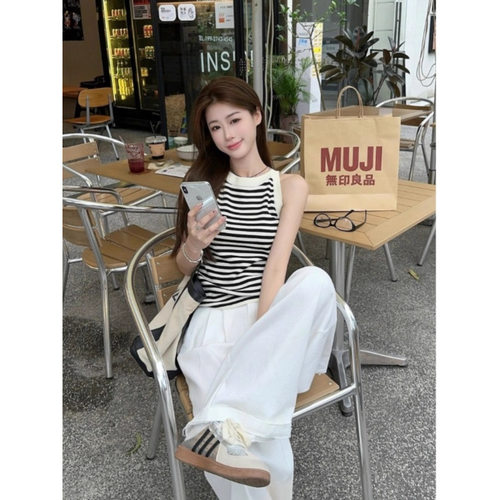 百搭时尚条纹针织背心女春夏季半高领内搭打底衫外穿无袖吊带上衣