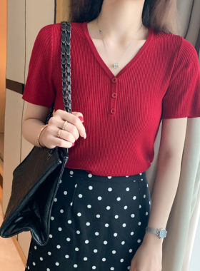 夏新款韩版修身大码v领冰丝针织衫女薄款百搭上衣短袖t恤女打底衫