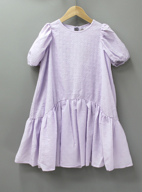 R-XXBY家140夏品牌童装折扣/童纯棉褶皱高级感连衣裙23215紫