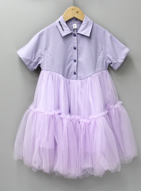 福利J与系列110夏装品牌童装折扣/女童简约翻领短袖连衣裙23218紫