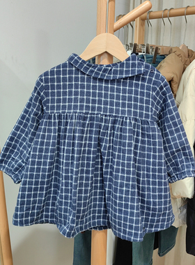 S头系列90-110秋装 品牌童装折扣/女童加绒长袖上衣格子裙22823兰