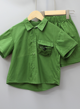 S-MC家90-130夏品牌童装折扣/儿童休闲短袖衬衣+短裤两件60910绿