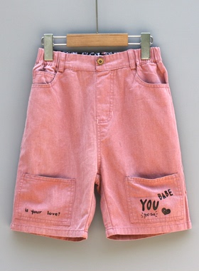 福利J安系列140夏品牌童装折扣/童纯棉休闲梭织中裤短26513粉