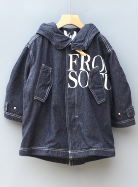 Y家110秋冬品牌童装折扣/大童加绒牛仔风衣厚外套56043深兰