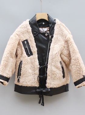 M家110-165春秋 品牌童装折扣/儿童休闲皮衣夹克毛毛外套18137杏