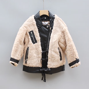 M家110-165春秋 品牌童装折扣/儿童休闲皮衣夹克毛毛外套18137杏