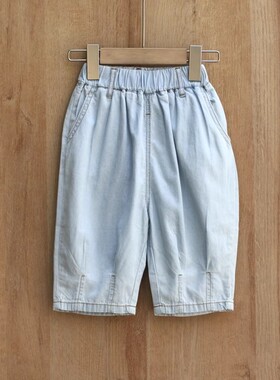 AJ欧bao家80夏装 品牌童装折扣/薄棉牛仔休闲中裤短裤34425兰