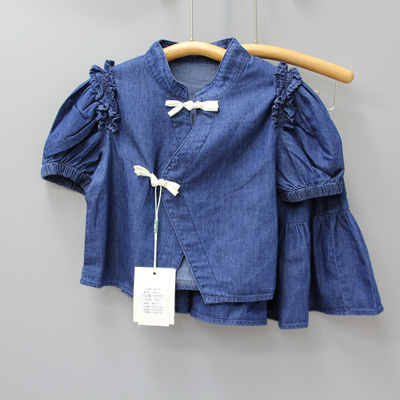 V-MI*KO家110夏 品牌童装折扣/女童短袖T恤+半身裙两件8817蓝