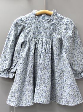 S米xi里90-120春秋 品牌折扣童装/女童纯棉长袖碎花连衣裙23387蓝