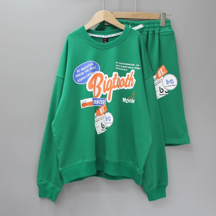 福利G咭系列150/160春秋品牌装折扣儿童套头卫衣+中裤套装50821蓝