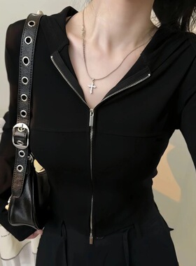 2025春秋连帽短款设计感上衣女拉链甜辣显瘦长袖T恤开衫潮