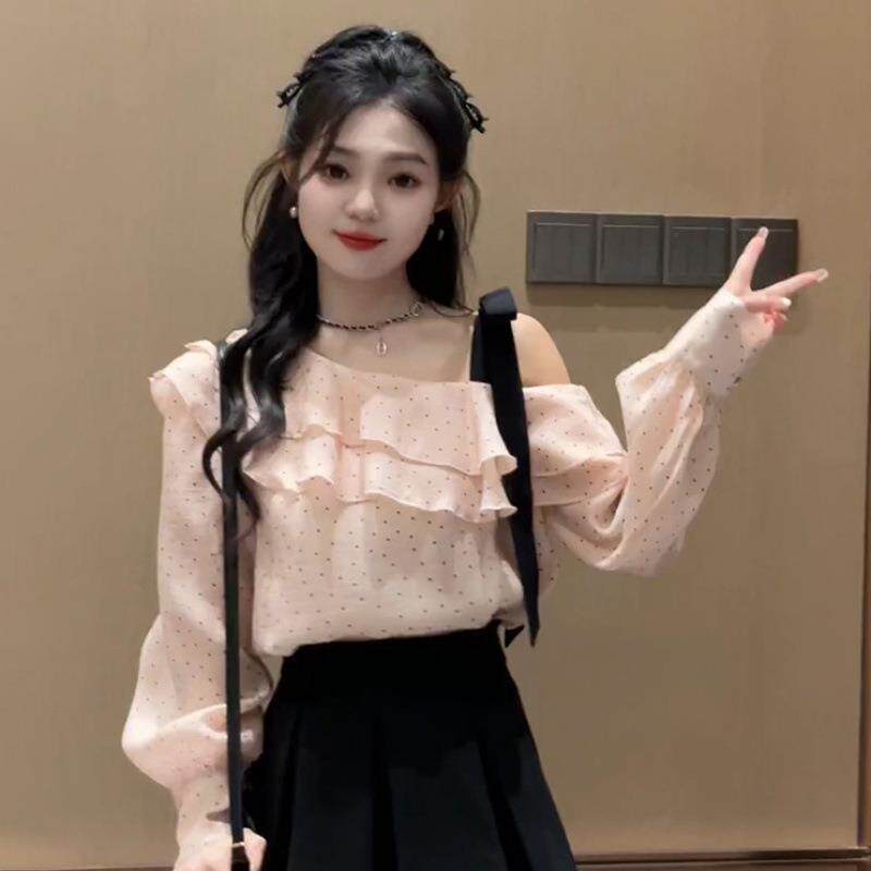 一字领露肩衬衫2026春季新款蝴蝶结荷叶边长袖雪纺小衫宽松上衣女