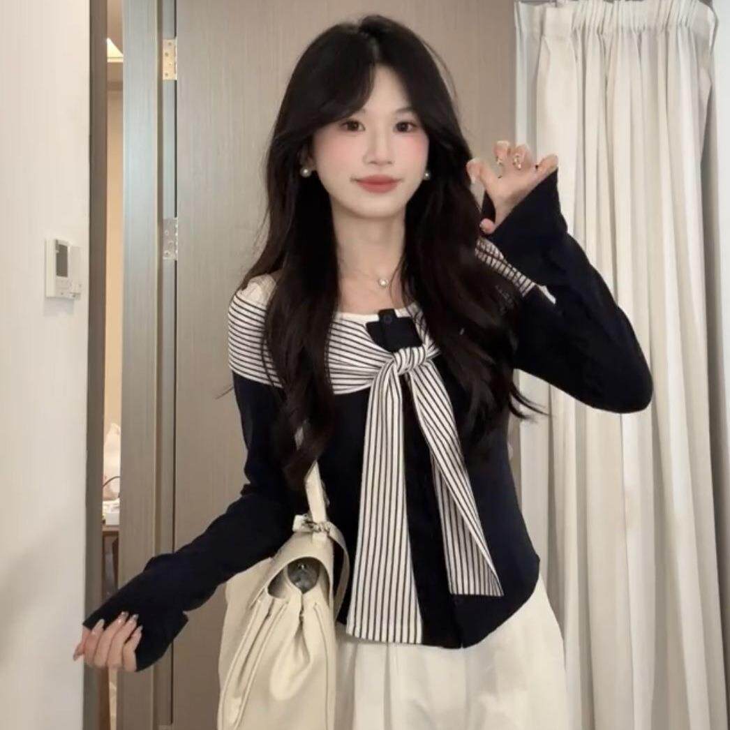 韩系学院风长袖T恤女2026年春新款拼接条纹绑带修身显瘦休闲上衣