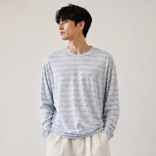 【D E】条纹防晒罩衫男2026款夏季针织条纹圆领宽松长袖罩衫男装