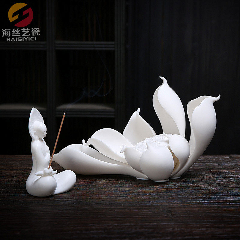 德化白瓷莲花香座香插无相佛陶瓷摆件创意现代简约玄关禅意装饰品