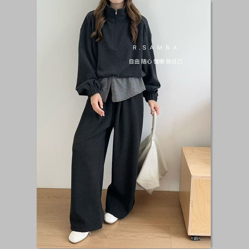 韩系立领慵懒风格子拼接假两件卫衣套装女秋冬阔腿裤休闲两件套潮