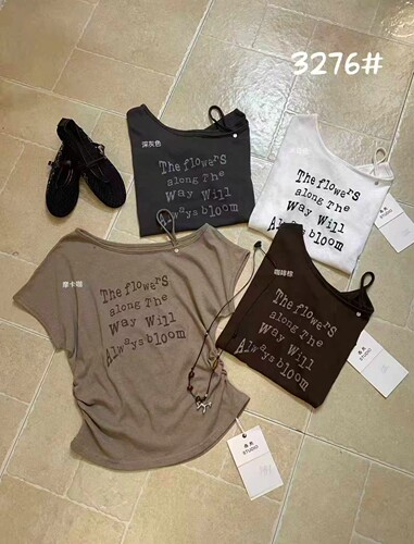西熙收腰斜肩字母印花T恤女2026夏新款简约别致显瘦露肩上衣3276