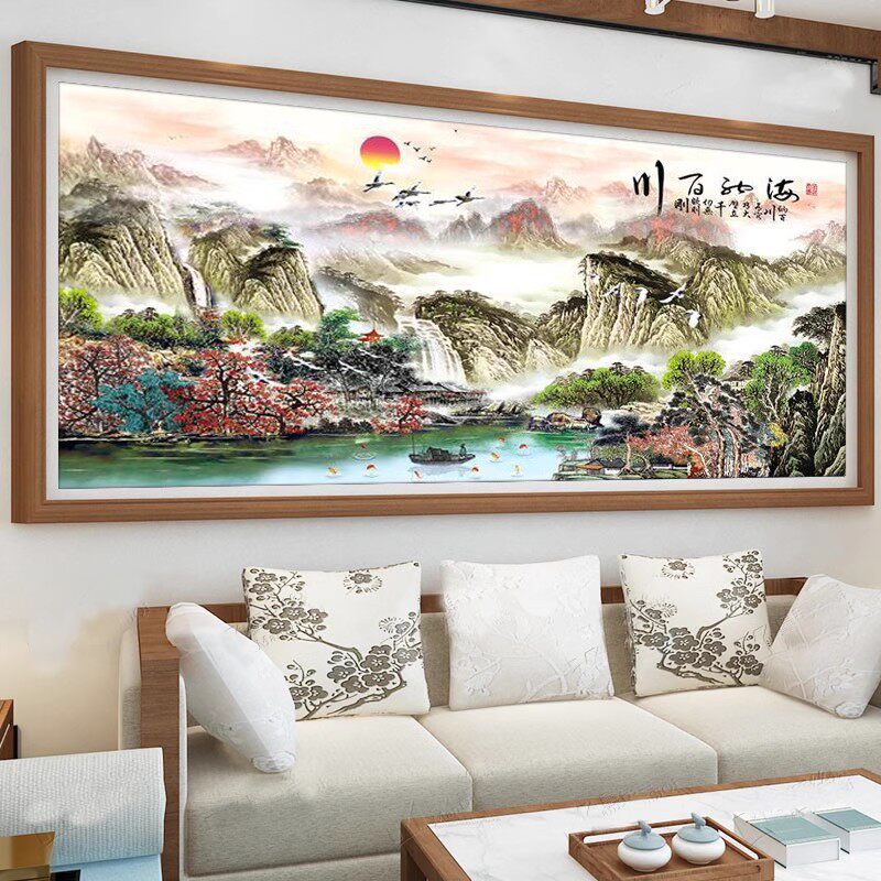 纯手工十字绣成品海纳百川风景山水画客厅书房大幅现代简约装饰画