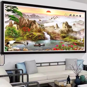 富水长流十字绣成品纯手工山水画