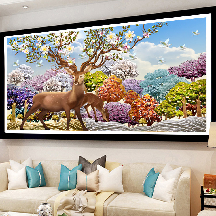 纯手工十字绣成品吉祥鹿发财鹿2020新款满绣客厅名画风景装饰挂画