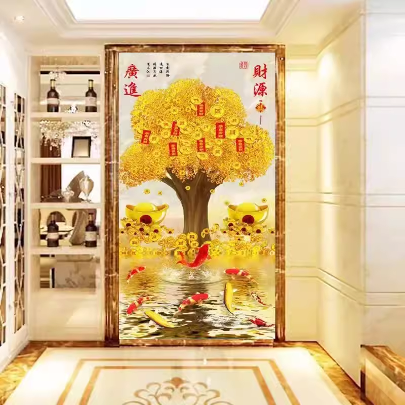 摇钱树钻石画成品纯手工贴好的财源广进满钻客厅进门玄关竖版挂画
