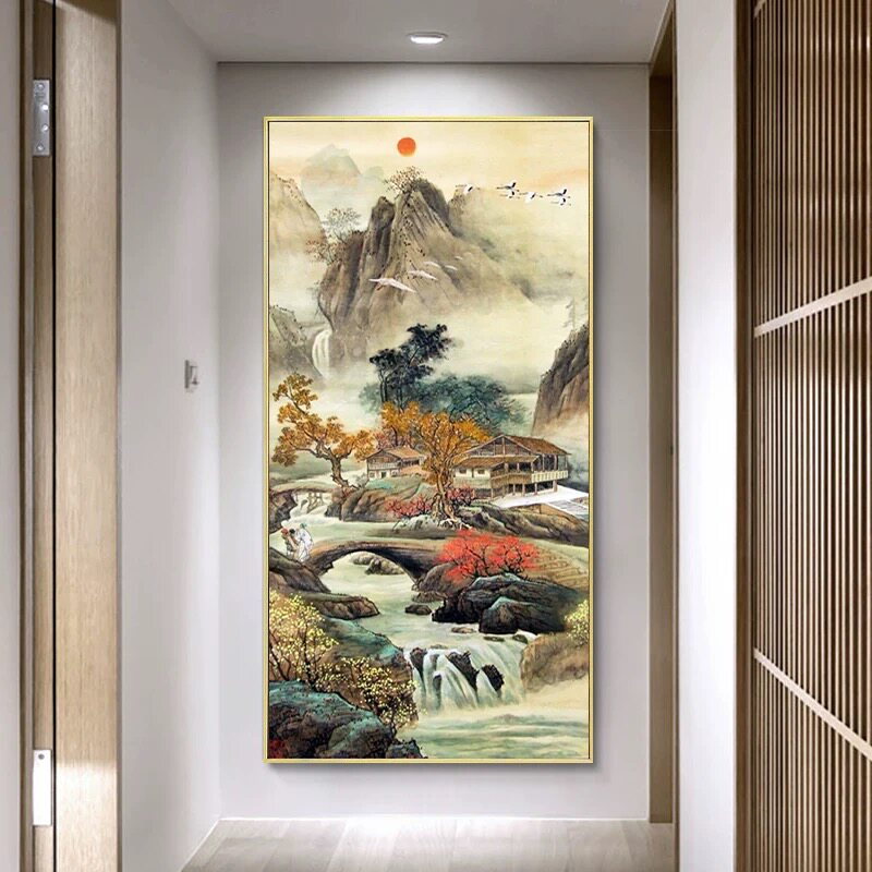 纯手工绣好的十字绣成品流水生财田园仙鹤玄关竖版山水风景日出画