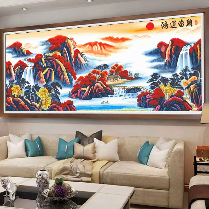 鸿运当头十字绣成品纯手工山水画