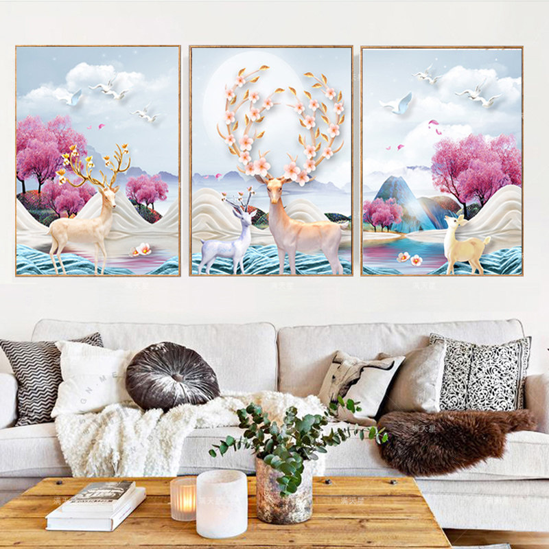 纯手工十字绣成品春色满园发财麋鹿三联画客厅餐厅北欧挂画绣好的