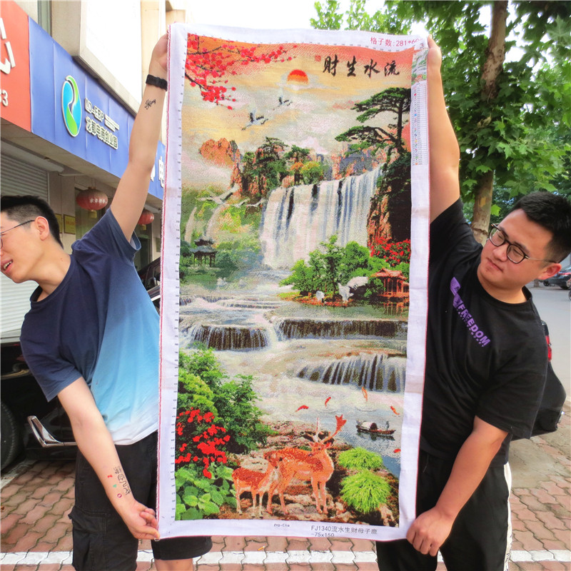 纯手工十字绣成品2020新款流水生财发财麋鹿玄关竖版风景山水挂画