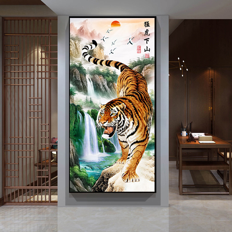 纯手工绣好的十字绣成品猛虎下山图镇宅现代简约竖版老虎新款挂画