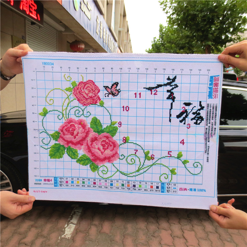 纯手工十字绣成品幸福钟表挂钟粉玫瑰小幅现代简约卧室新款装饰画