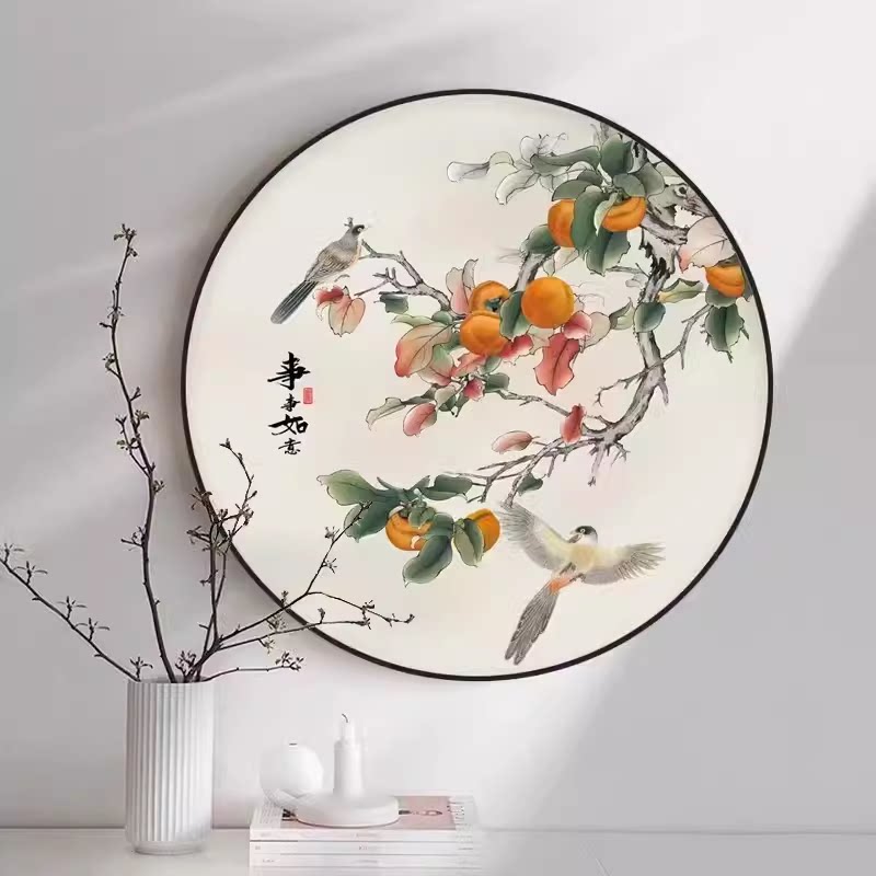 纯手工绣好的十字绣成品事事如意风景现代简约客厅卧室圆形装饰画