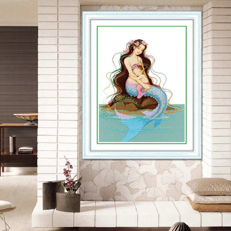 纯手工十字绣成品美人鱼母子情深新款卧室房间竖版小幅挂画绣好的