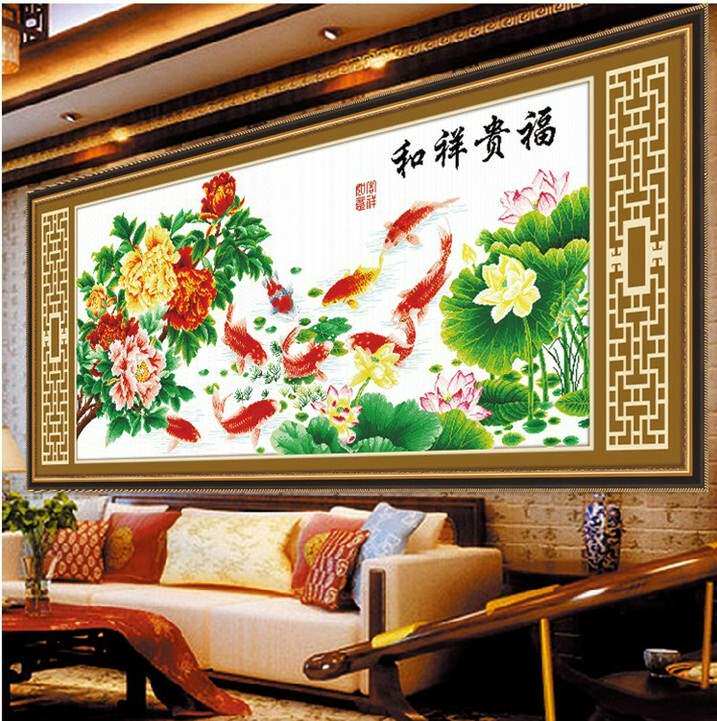 九鱼图十字绣成品纯手工客厅挂画