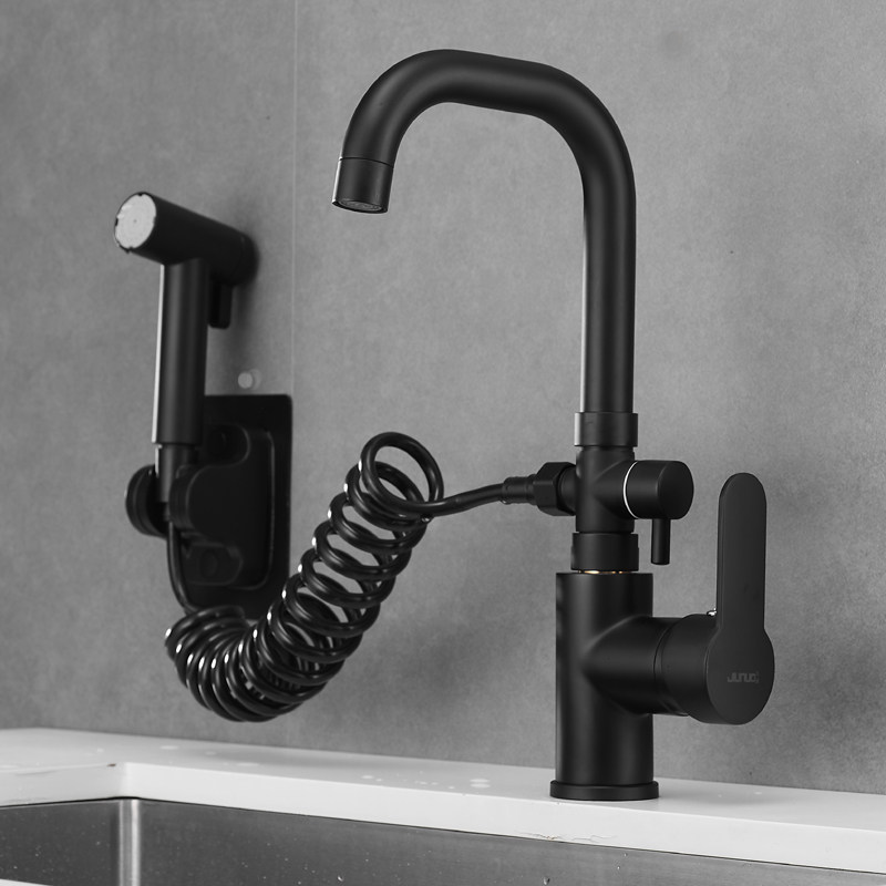 黑色厨房水槽冷热龙头阳台洗衣池拖把池水龙头带增压喷枪坐式水池