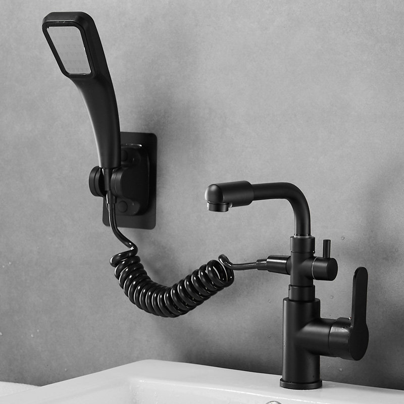 黑色面盆龙头带淋浴花洒喷头洗脸盆冷热水龙头台上盆洗头洗澡喷枪