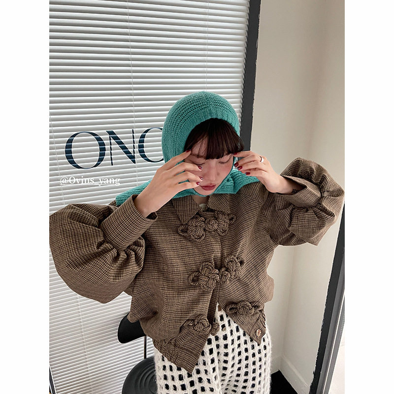 Pretty Axia原创设计中国元素旗袍扣经典格纹小香风短外套女夹克