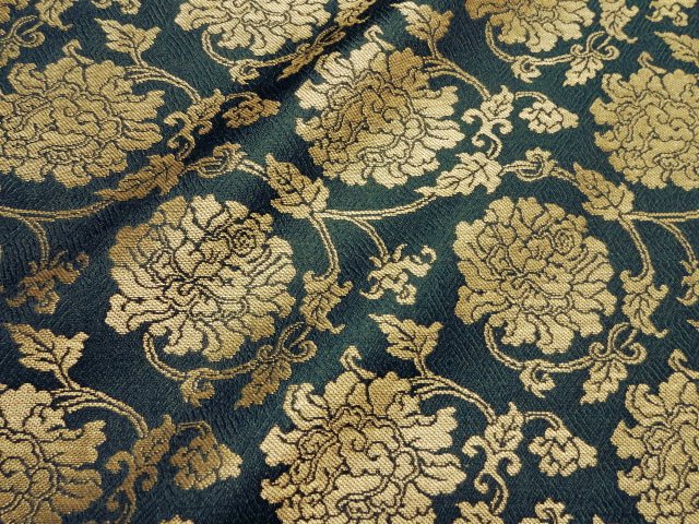 日本进口 和风布料 京都西阵织 正绢 锦裂 牡丹(铁青)