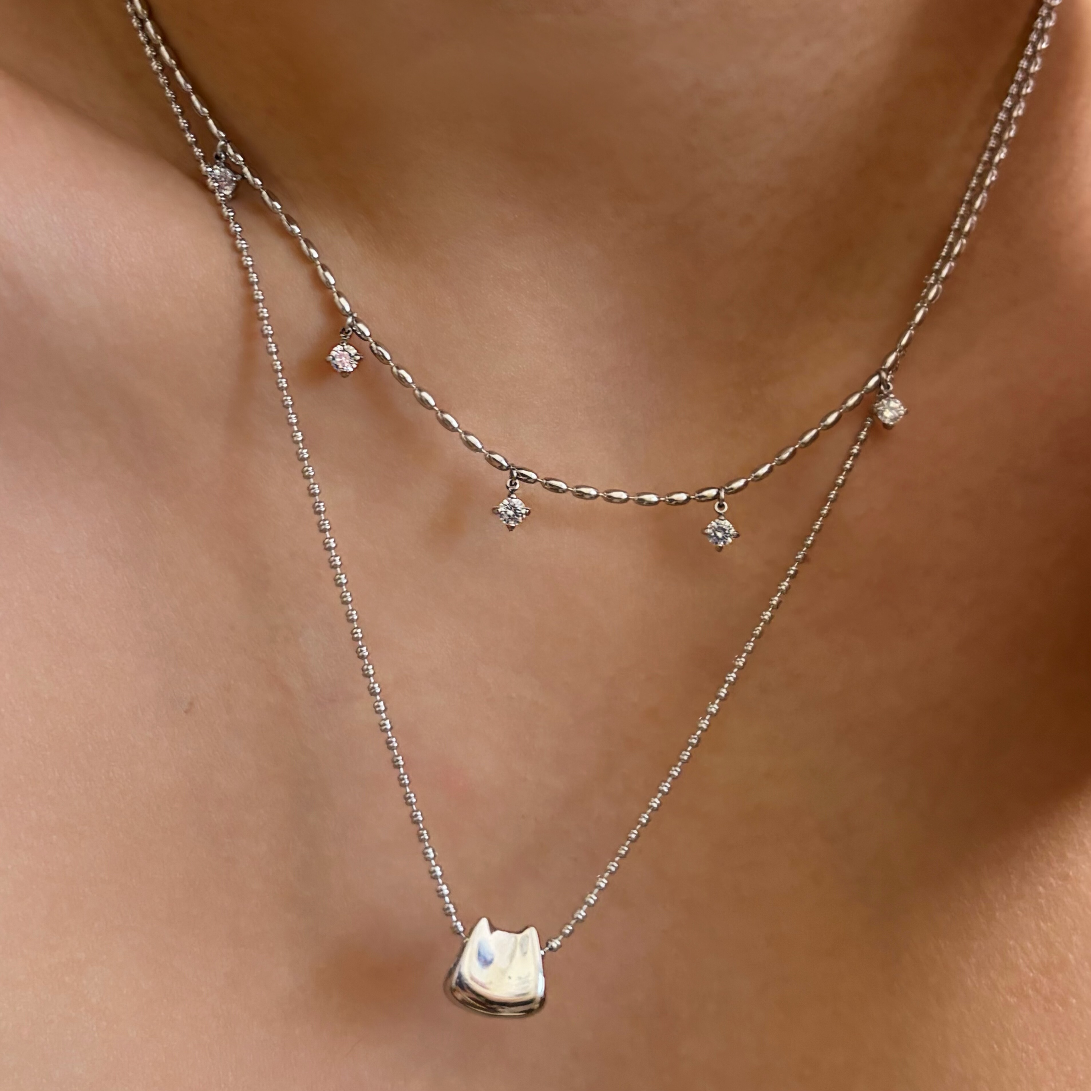 734钛钢不掉色双层白金色可洗澡猫咪项链百搭可爱锁骨链