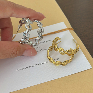 734钛钢法式度假沙滩耳钉中古vintage复古金色麻花耳环白金色