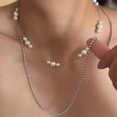 734钛钢不掉色珍珠抽拉球球锁骨链欧美精致圆珠通勤复古日常项链