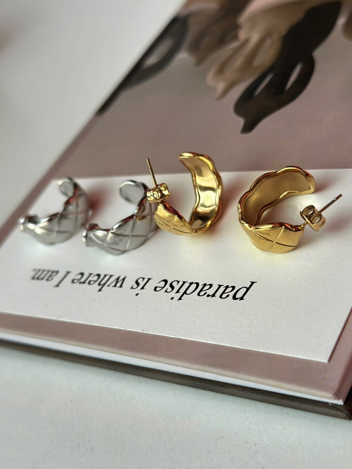 734号钛钢镀金菱格耳环开口C型耳饰商务通勤耳钉