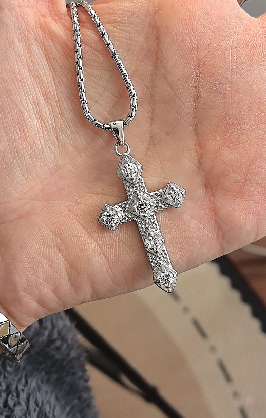 734钛钢欧美夸张精工铸造毛衣链爆闪镶嵌十字架项链