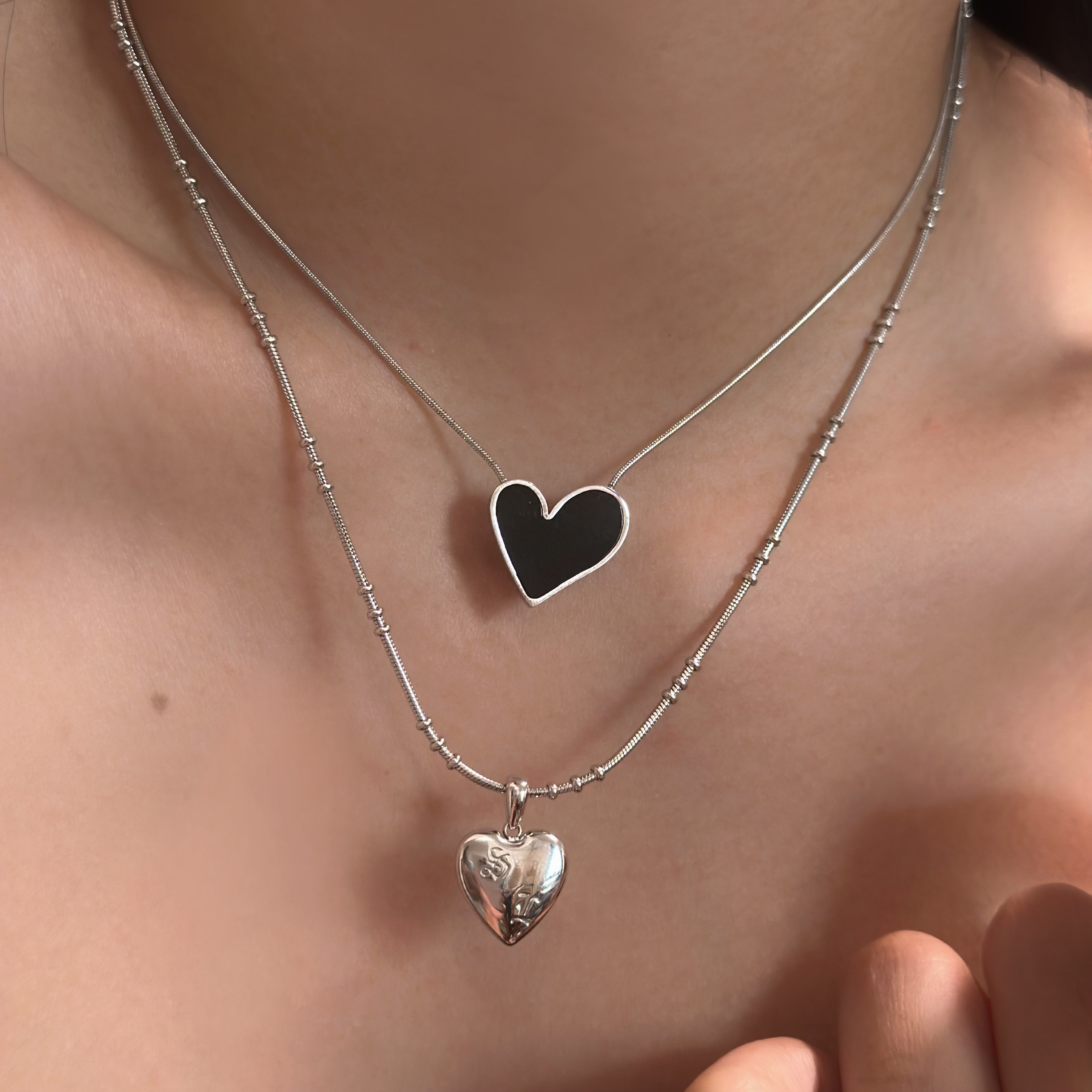 734钛钢白金色重工爱心锁骨链可洗澡项链蛇骨黑色叛逆卫衣链