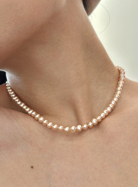 734天然baby小灯泡珍珠925银项链暖光近圆极光高亮锁骨链樱花粉