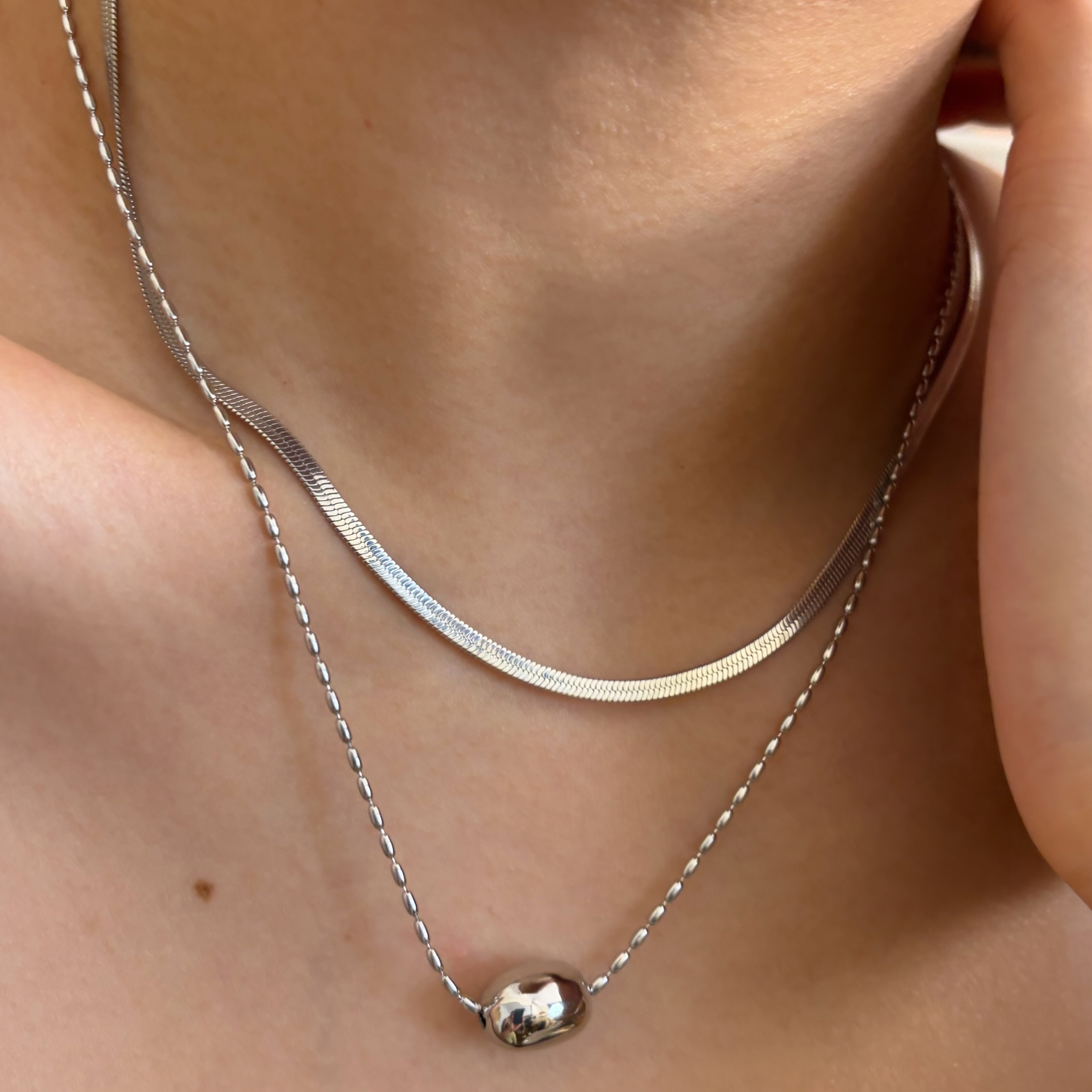 734钛钢白金色双层珠珠项链圆球蛇骨链假两件洗澡不掉色锁骨链