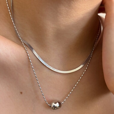 734钛钢白金色双层珠珠项链圆球蛇骨链假两件洗澡不掉色锁骨链